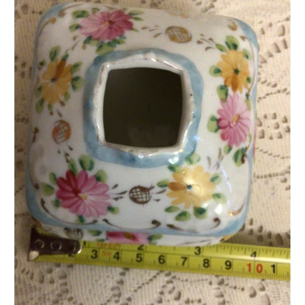 Vintage Hand-Painted Floral Porcelain Hair Receiver or TrinketBox